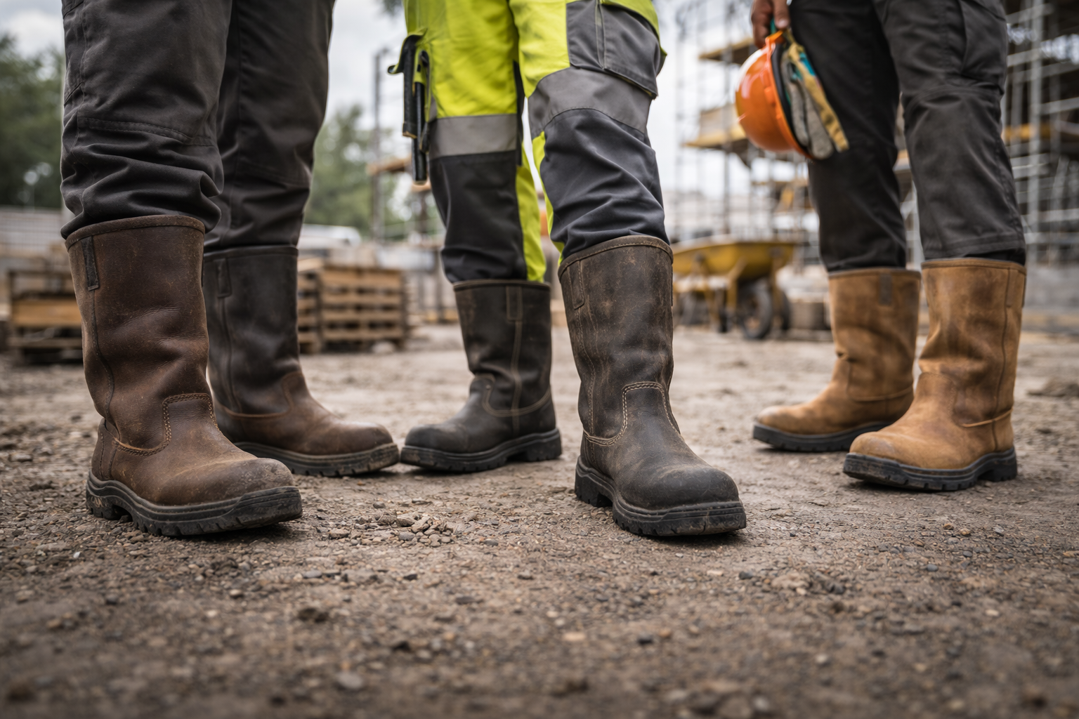 Three workers standing on a construction site wearing leather rigger boots with steel toe caps and slip-resistant soles, shown from ground level to highlight durable safety footwear used in industrial and trade environments.