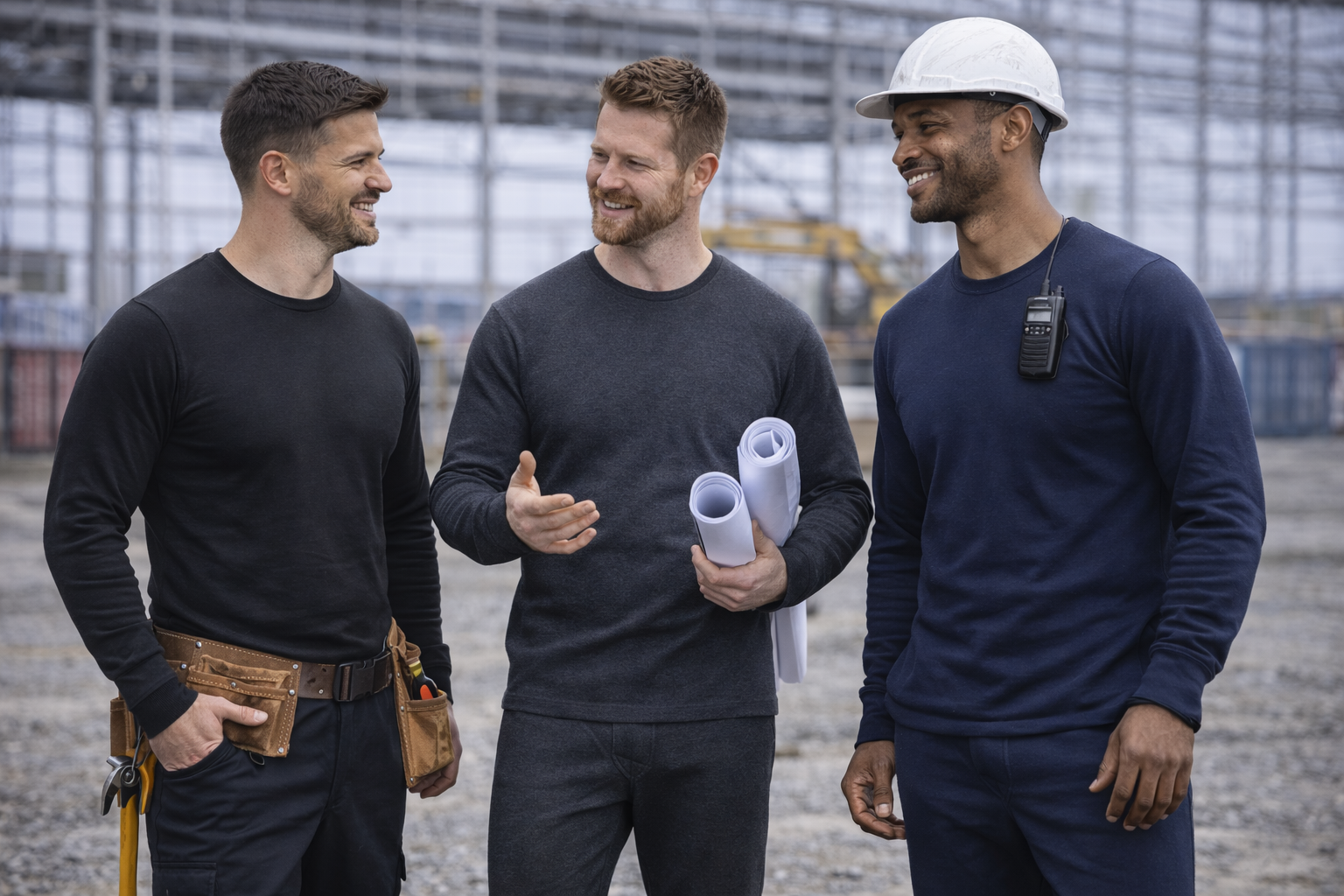 Three construction workers wearing thermal base layer tops stand on an industrial site, talking and smiling, with scaffolding and heavy equipment in the background.