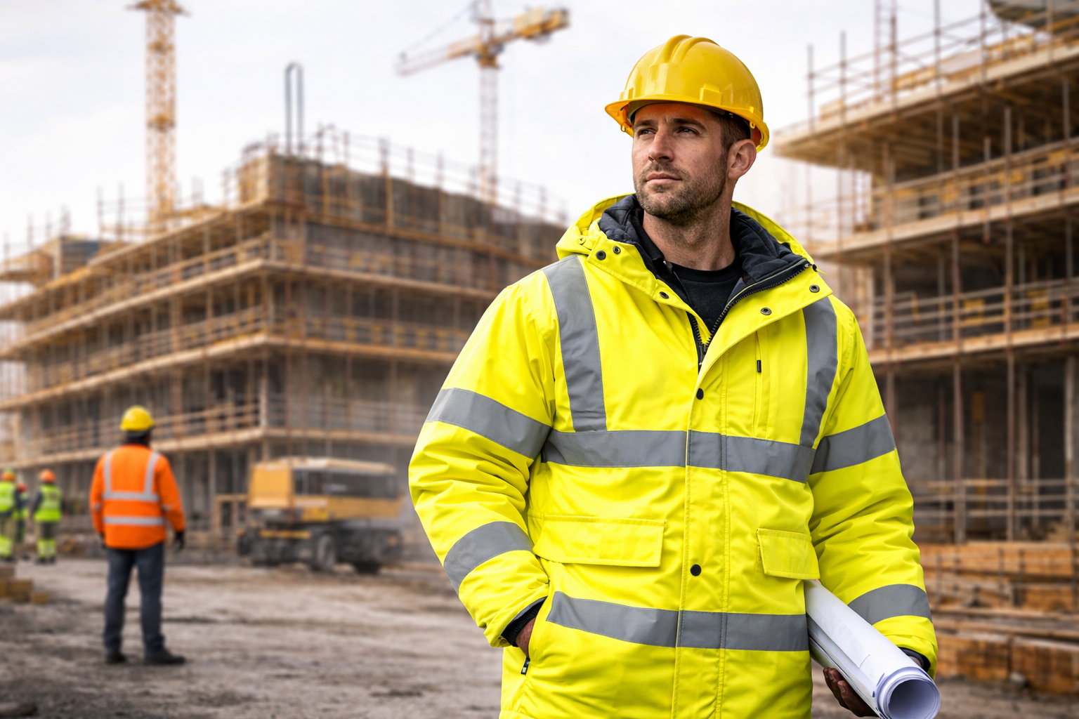 Construction worker wearing a high visibility safety jacket on a building site