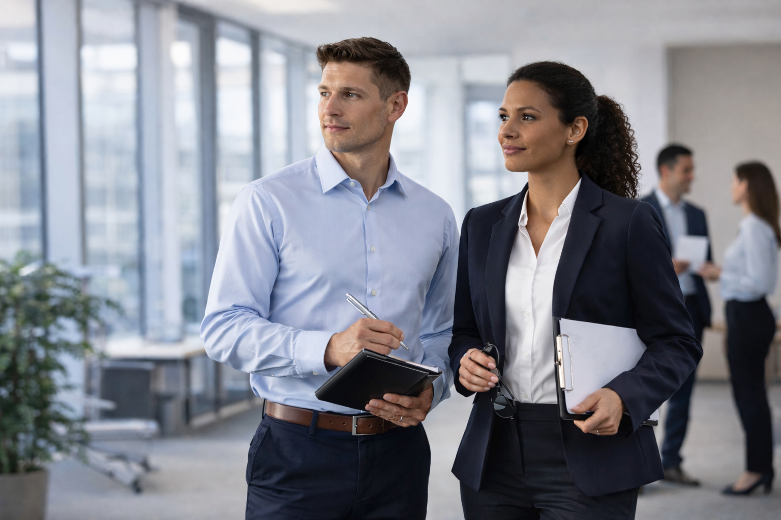 Professionals wearing smart office wear including shirts, blouses and business clothing in a modern office environment