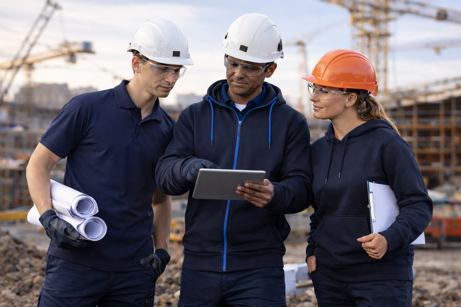 Workwear clothing including polo shirts, t-shirts and jackets worn by workers on site
