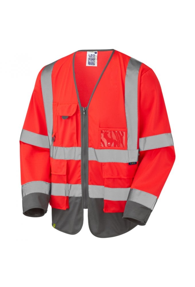 Leo Workwear WRAFTON EcoViz Superior Sleeved Waistcoat Red/Grey Sizes XS-6XL
