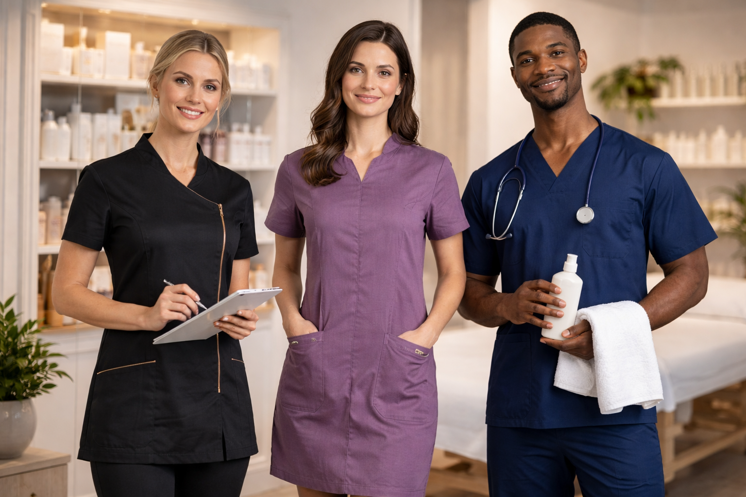 Healthcare and beauty professionals wearing tunics and scrubs in a modern salon/spa setting.