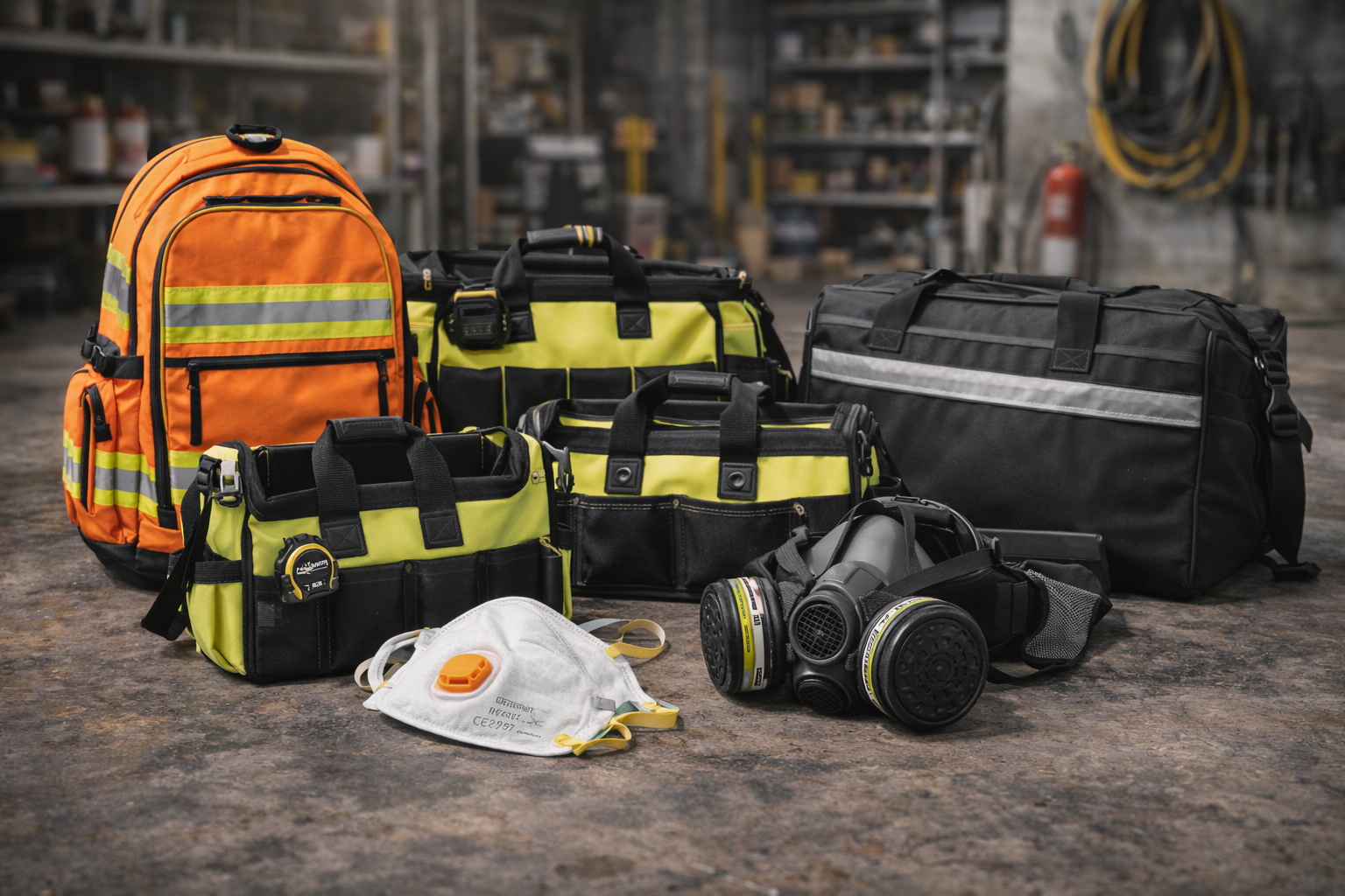 Assortment of heavy-duty work bags including hi-vis backpacks, tool bags and holdalls displayed in an industrial workshop setting, designed for trade and site use.