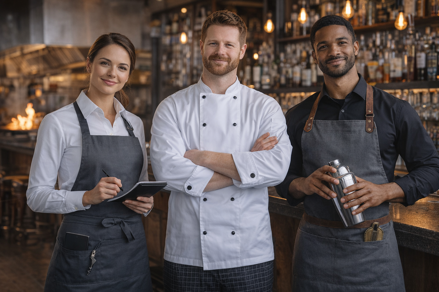Three hospitality professionals wearing bar and kitchen workwear, including a chef in a white jacket, a bartender with a shaker and apron, and a front-of-house staff member in an apron, standing together in a professional bar and kitchen setting.