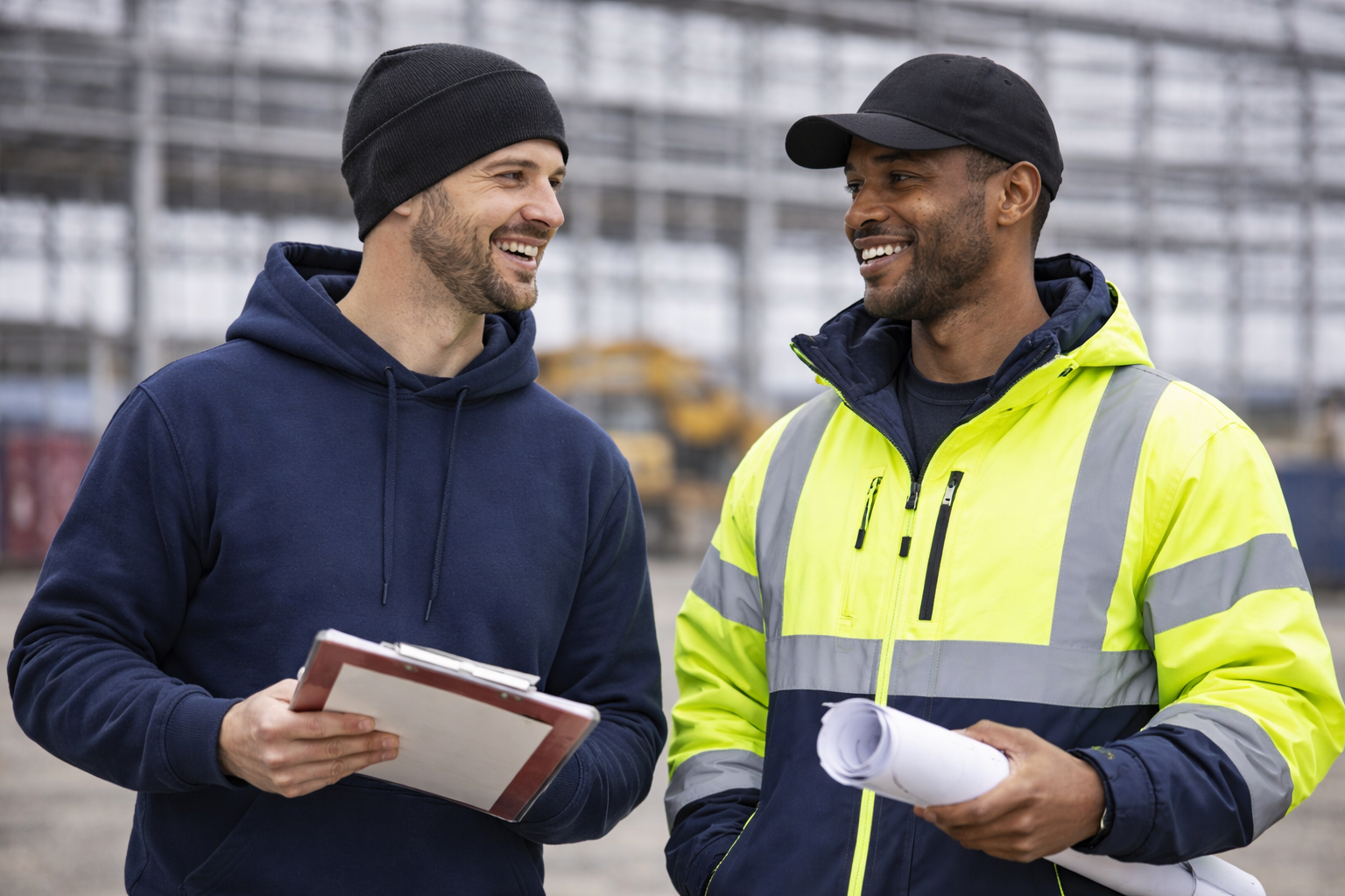 Construction workers wearing a black beanie and a black baseball cap on site, dressed in professional workwear and discussing plans in an industrial environment.