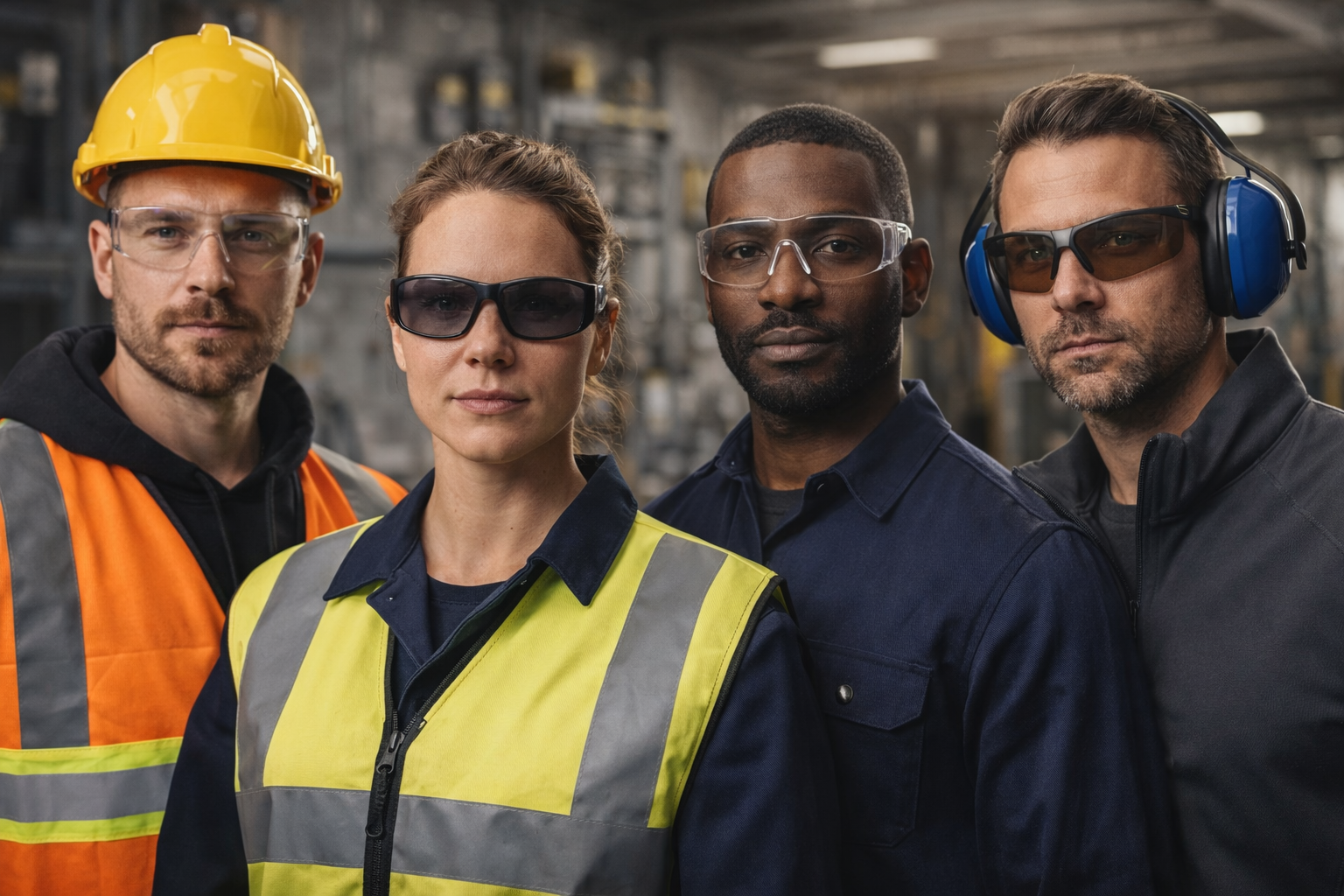Four workers wearing protective safety glasses in an industrial setting, demonstrating eye protection used in construction and trade environments.