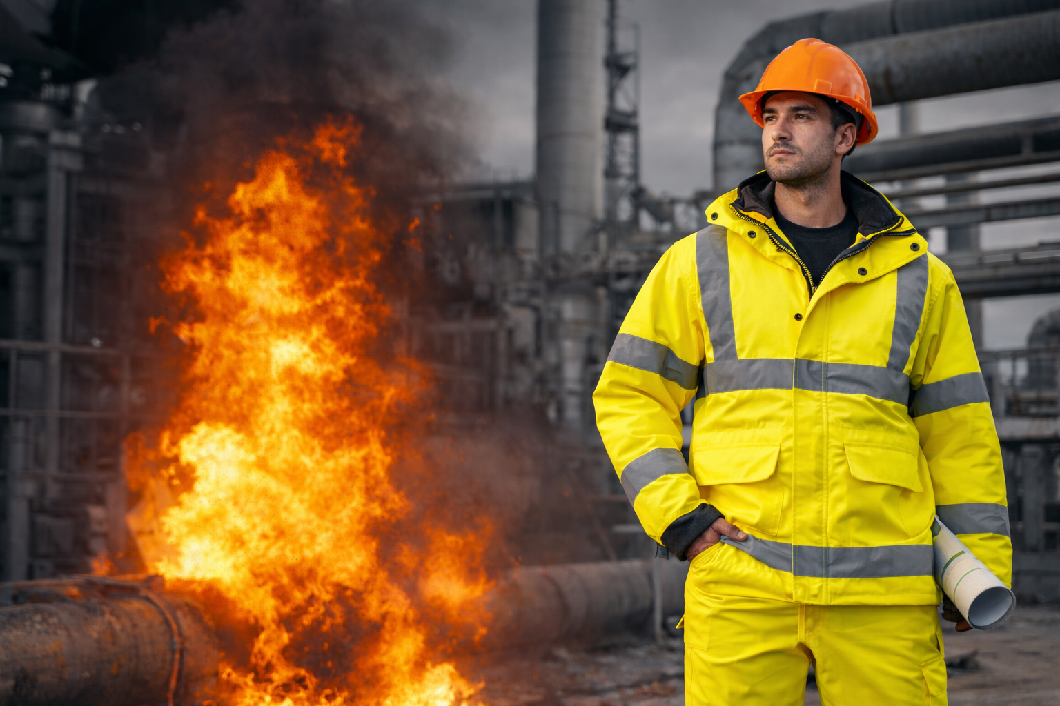 Worker wearing high-visibility flame retardant jacket and trousers in an industrial environment with visible fire and plant equipment.