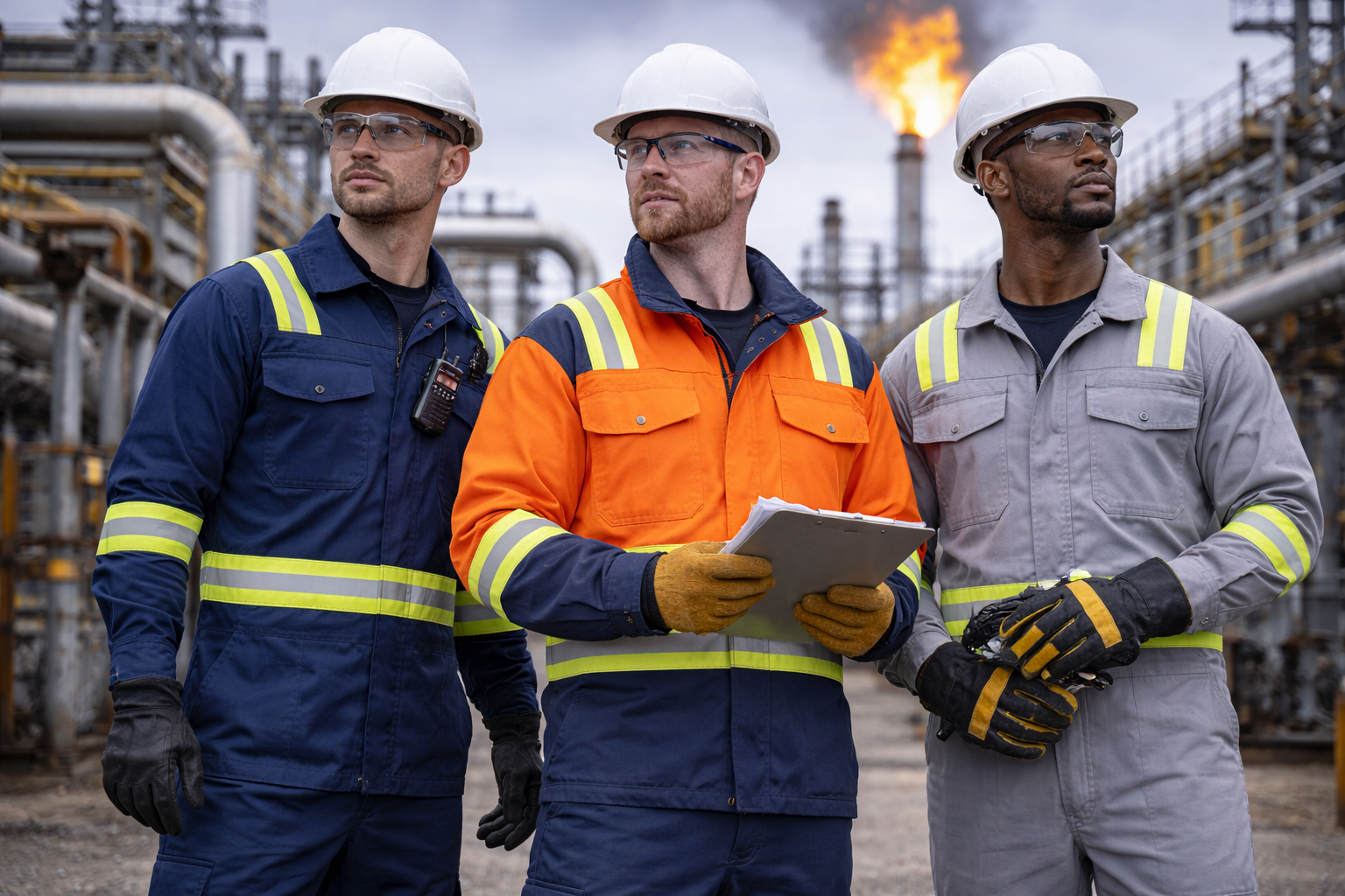 Workers wearing flame retardant workwear and high-visibility FR clothing at an industrial oil and gas facility with pipes and flare stack in the background.