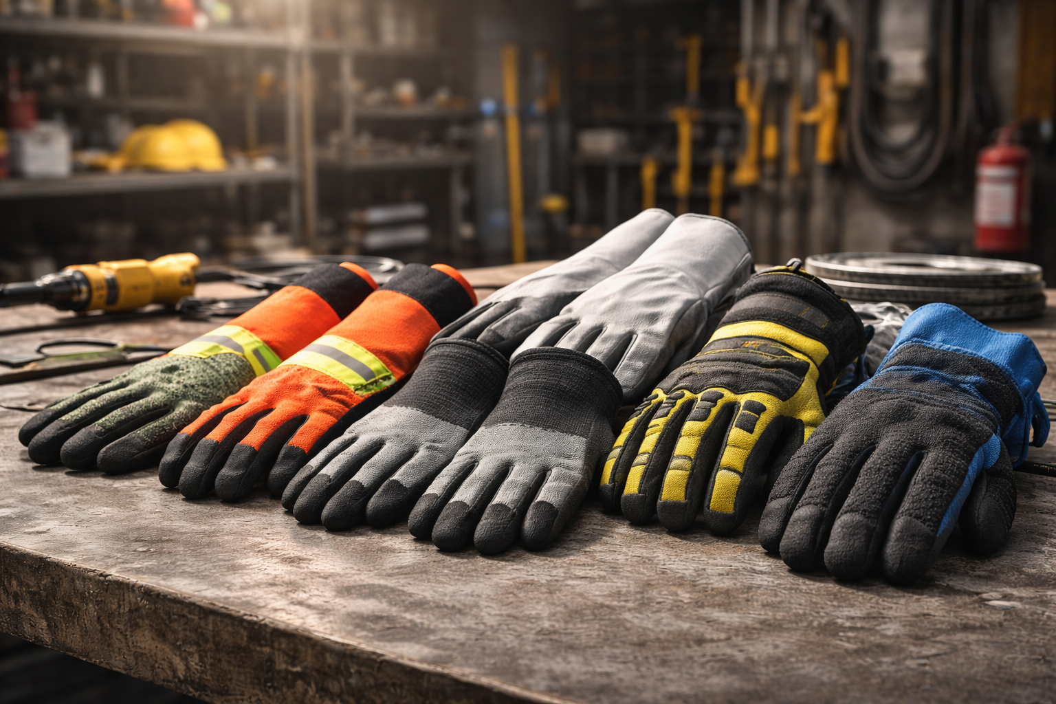 Selection of professional safety gloves laid out on a workshop workbench, including cut-resistant, grip, insulated and high-visibility gloves for industrial and construction use.