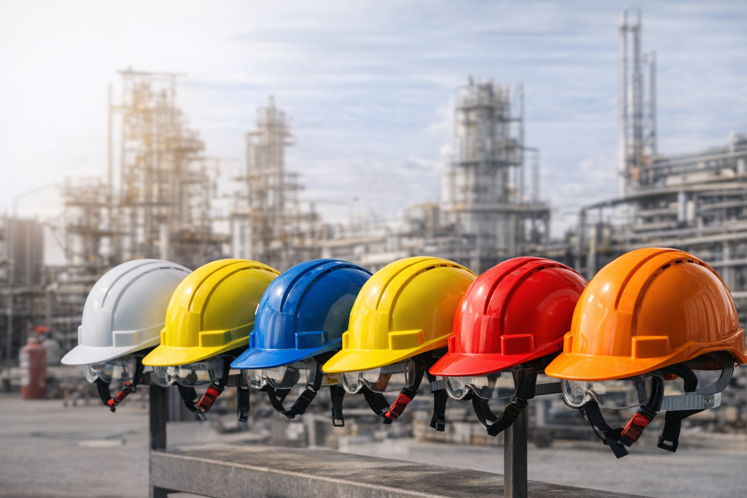 Row of safety helmets in white, yellow, blue, red and orange lined up on an industrial surface with a blurred factory background, representing workplace PPE and head protection.