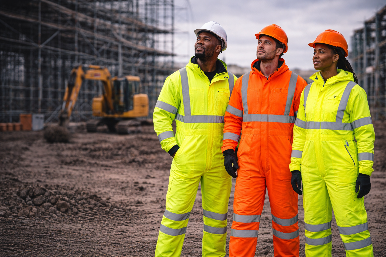 Three construction workers wearing EN ISO 20471 compliant high-visibility coveralls in fluorescent yellow and orange, standing on an active building site with scaffolding and machinery in the background.