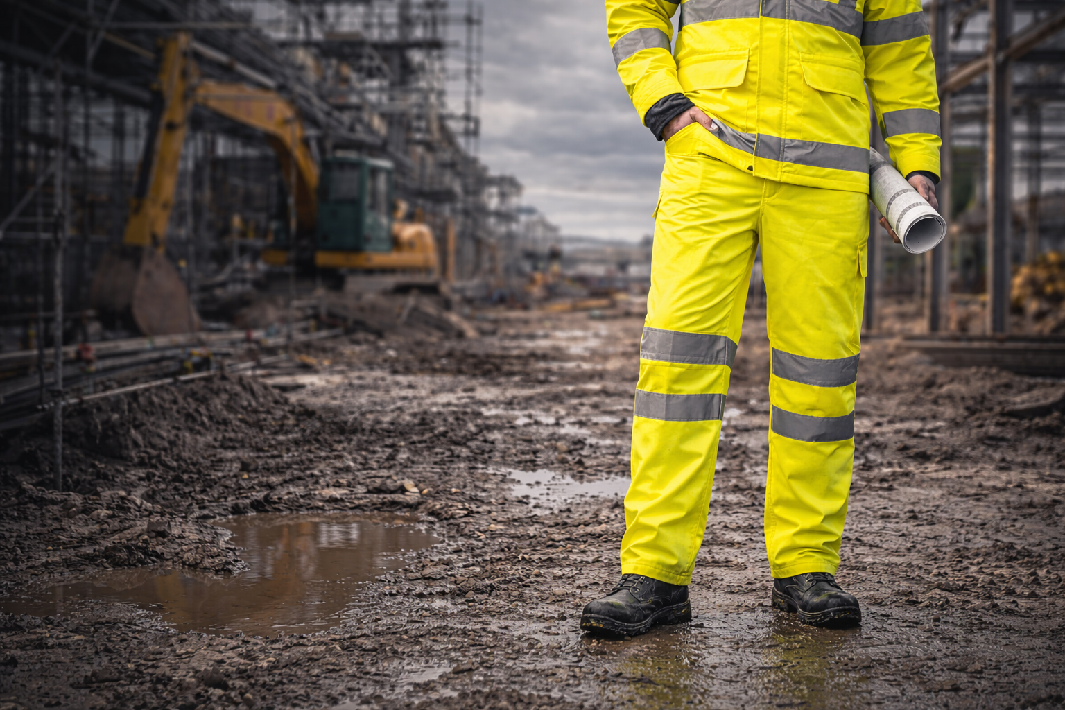 Construction worker wearing fluorescent yellow high-visibility work trousers with reflective bands on a muddy building site