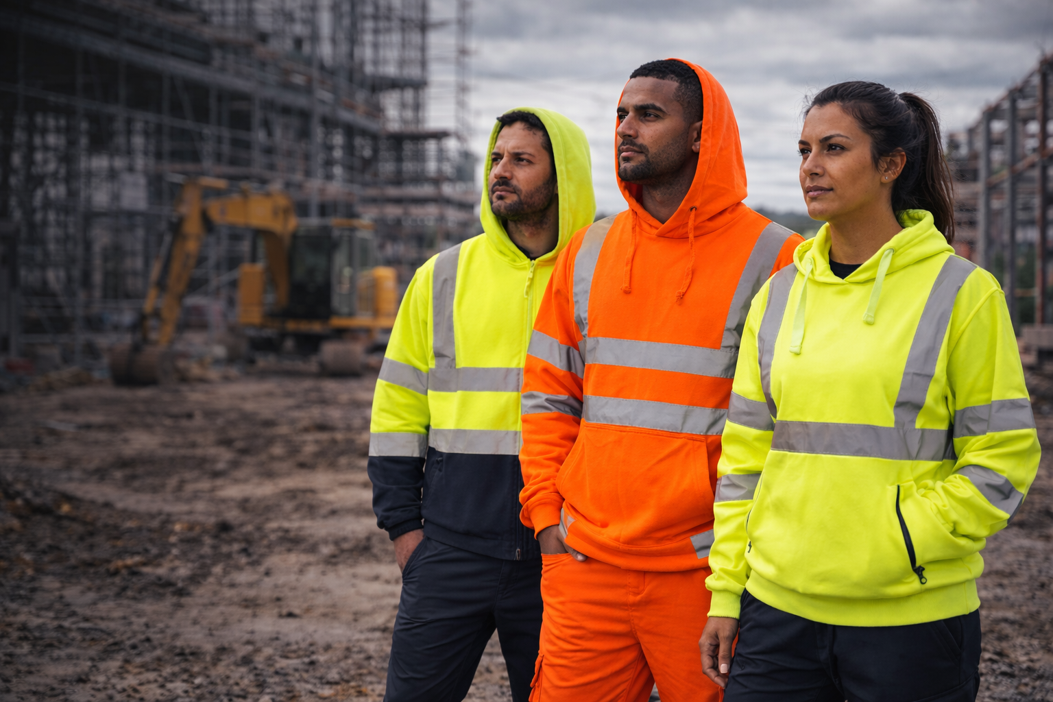 Three construction workers wearing high-visibility hoodies and sweatshirts with reflective bands on an active building site
