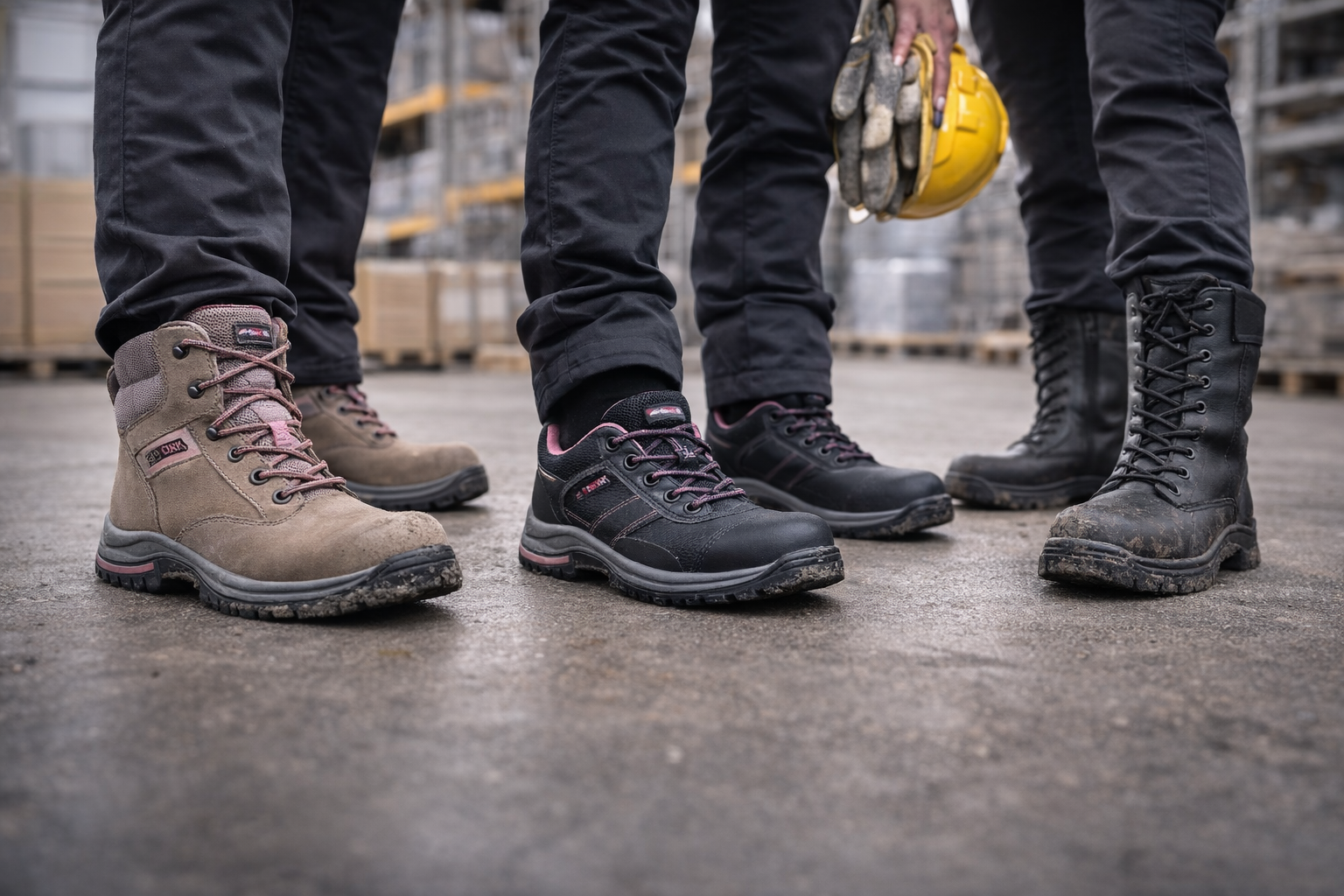 Women’s safety boots and shoes worn by female workers in an industrial warehouse, showing steel toe caps, slip-resistant soles and durable designs suitable for trade, construction and industrial work.