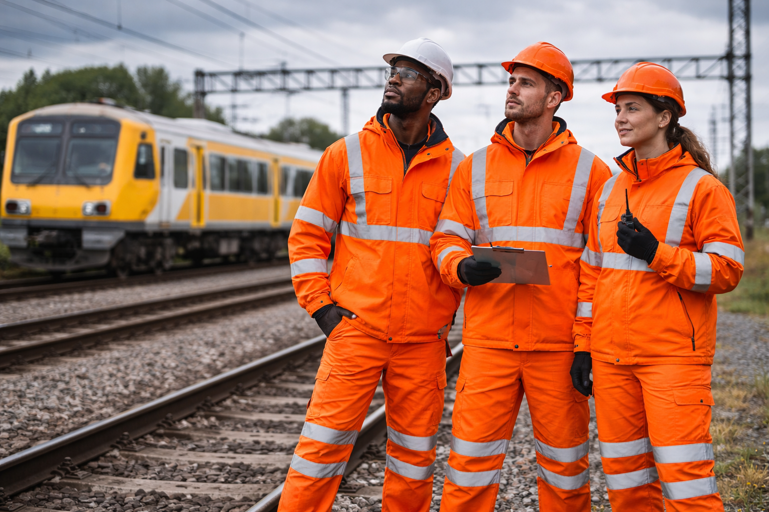Rail workers wearing RIS-3279-TOM compliant high-visibility orange workwear standing on active railway tracks with a maintenance train in the background.