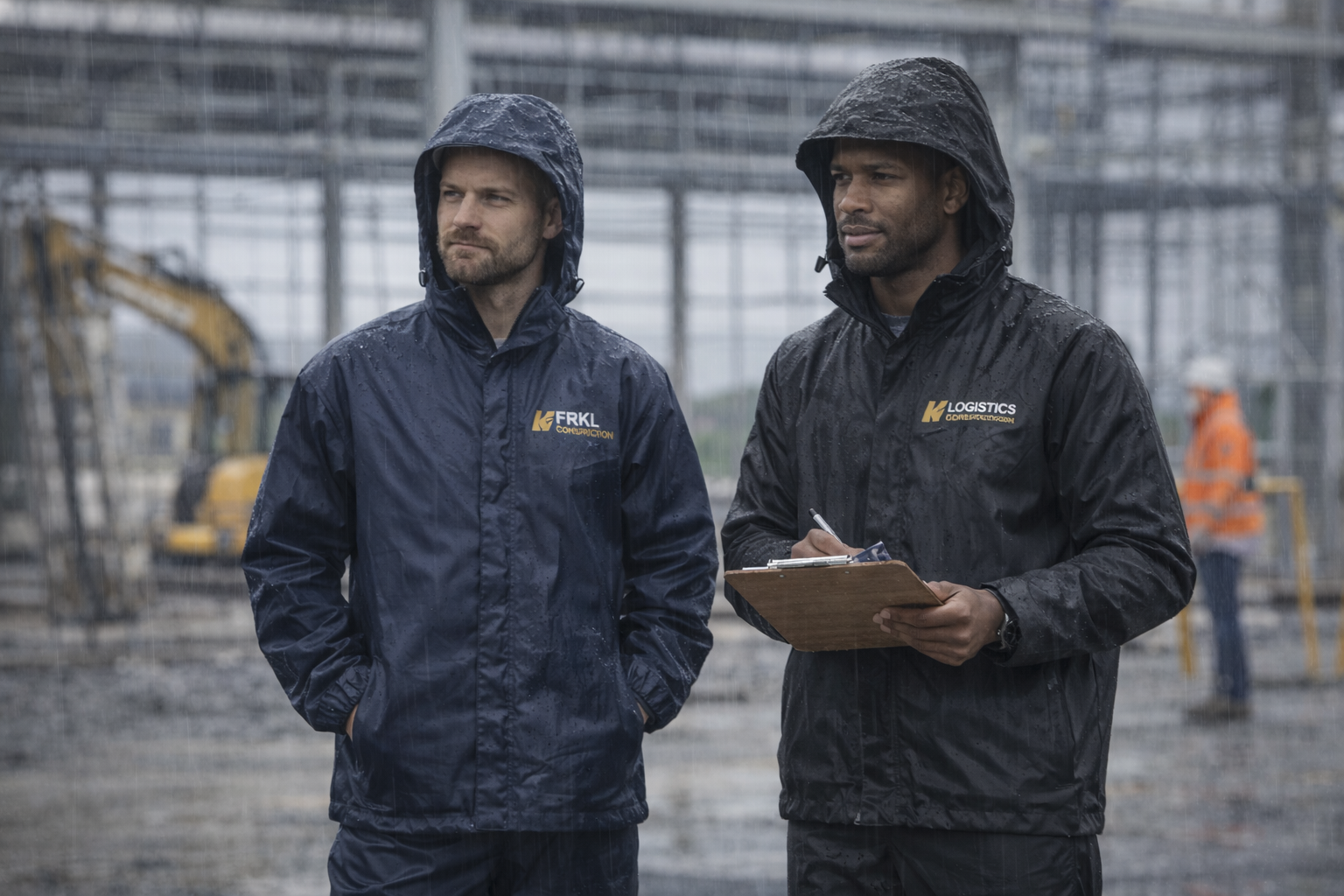 Two workers wearing waterproof rain jackets and trousers stand on an industrial construction site during heavy rain, demonstrating professional workwear rain protection.
