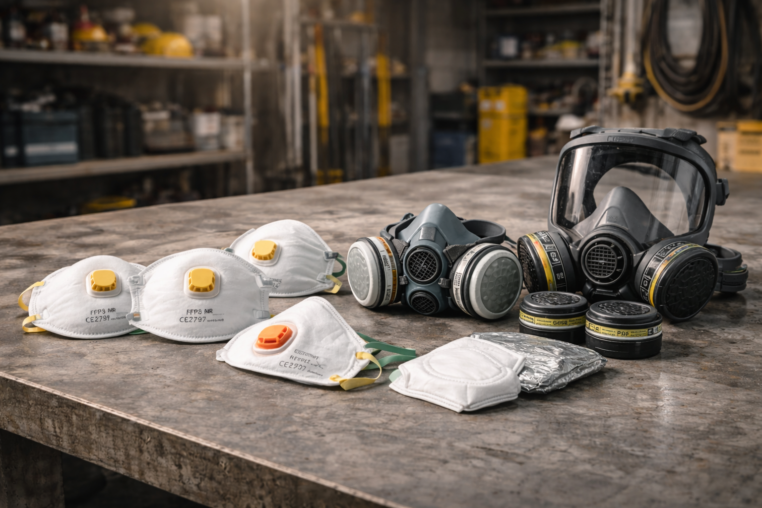Selection of respiratory protection equipment including disposable FFP masks, half-mask respirators and full-face respirators with replaceable filters displayed on an industrial workshop surface.