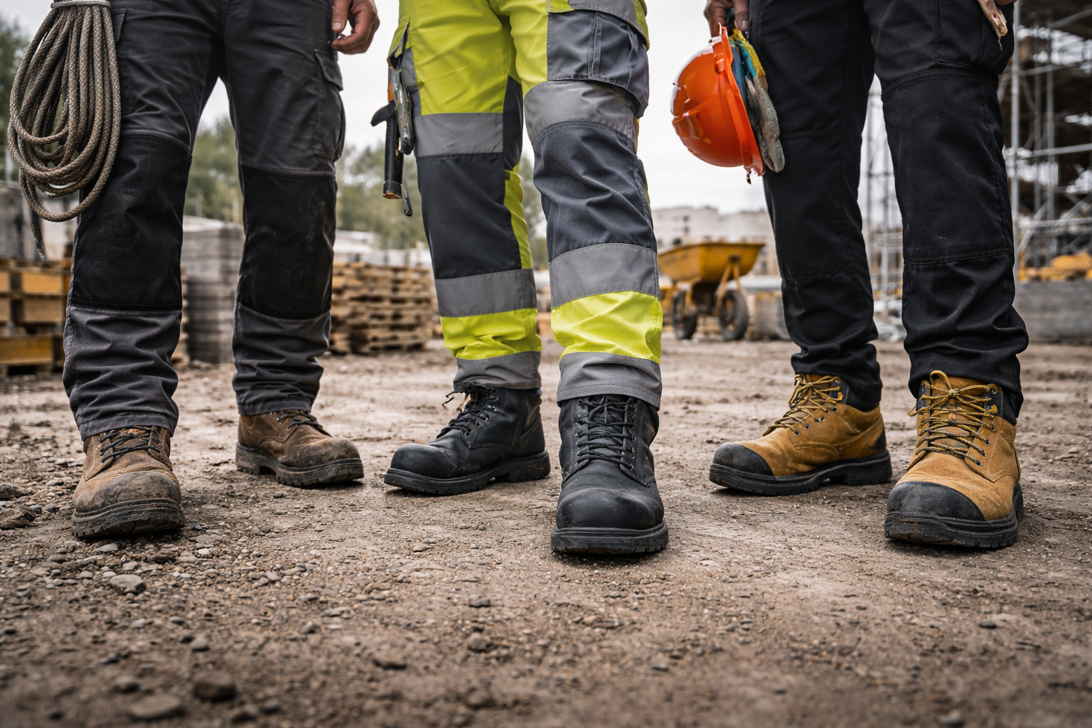 Safety boots worn by three workers on a construction site, showing durable steel toe and protective work boots designed for stability, comfort, and site safety in industrial and trade environments.