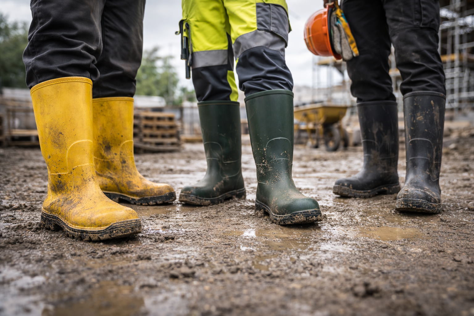 Workers wearing safety wellington boots standing on a muddy construction site, showing yellow, green and black protective wellies with slip-resistant soles designed for wet and demanding site conditions.