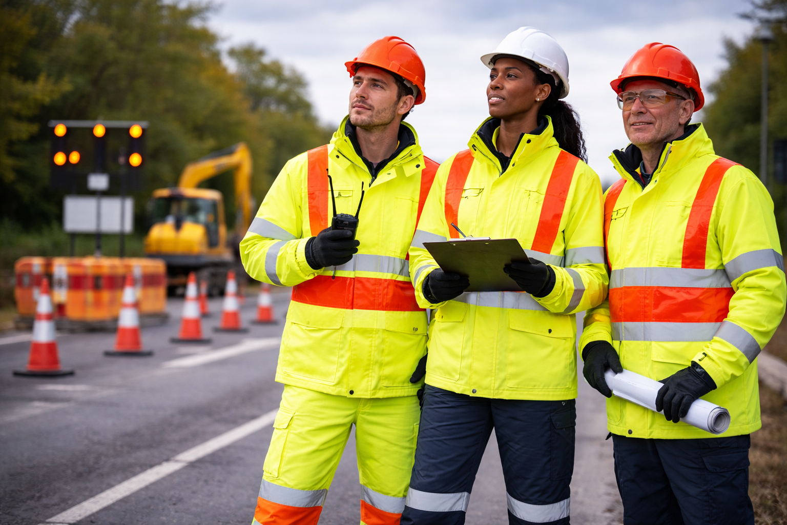 Traffic management workers wearing high-visibility clothing with orange brace and reflective bands on a roadworks site