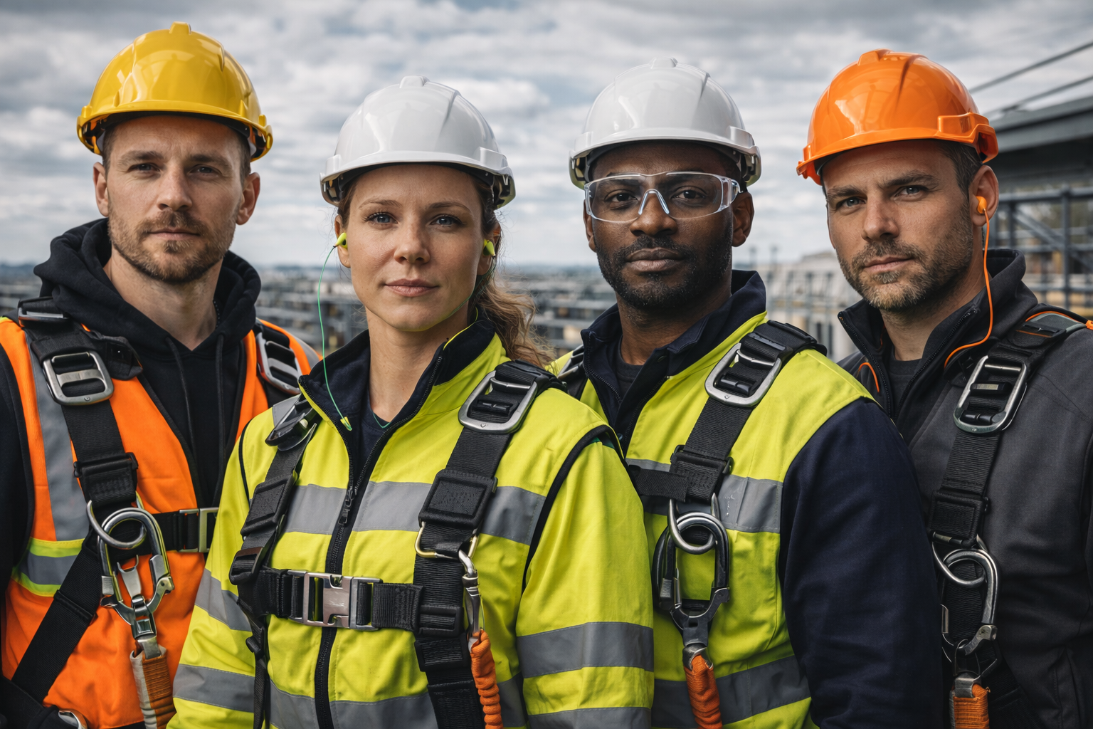 Four construction workers wearing safety harnesses, helmets and high-visibility clothing stand at height on an industrial structure, demonstrating working-at-height safety equipment and fall protection in a professional site environment.