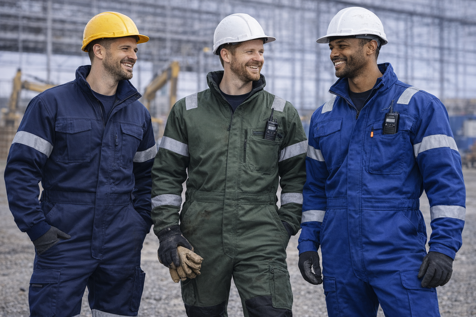 Three construction workers wearing durable workwear coveralls and hard hats stand together on an active industrial site, with steel framework and construction equipment visible in the background