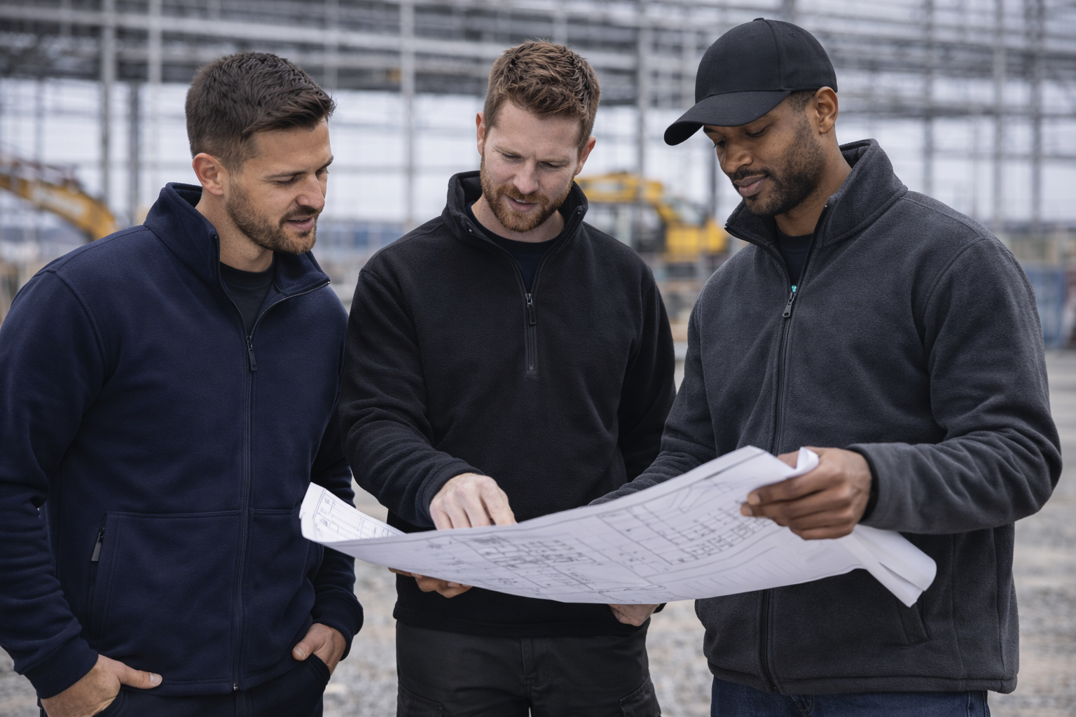 Three construction workers wearing dark workwear fleece jackets review technical drawings together on an industrial site, highlighting durable fleeces designed for warmth, comfort, and professional site use.