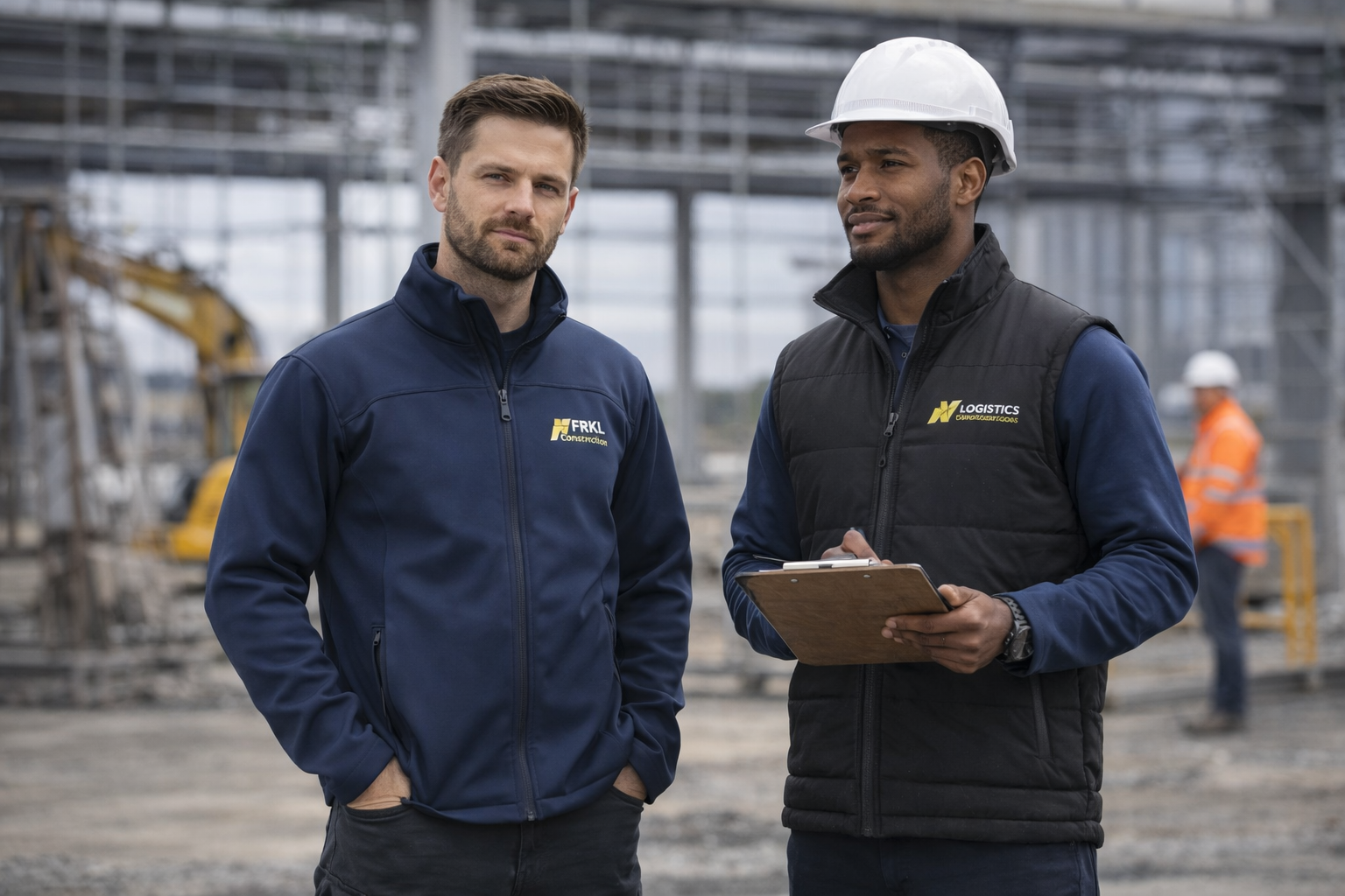 Two workers wearing branded workwear jackets and bodywarmers on an industrial site, showing layered outerwear for warmth and weather protection.