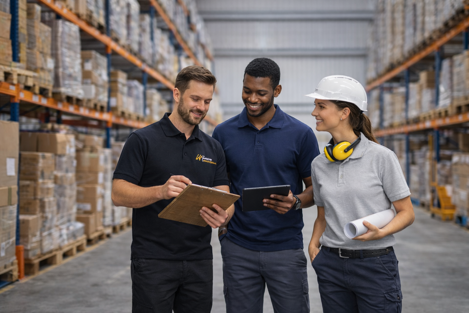 Warehouse workers wearing plain workwear polo shirts review a tablet and clipboard inside an industrial warehouse, showcasing professional site clothing for trade and logistics use.
