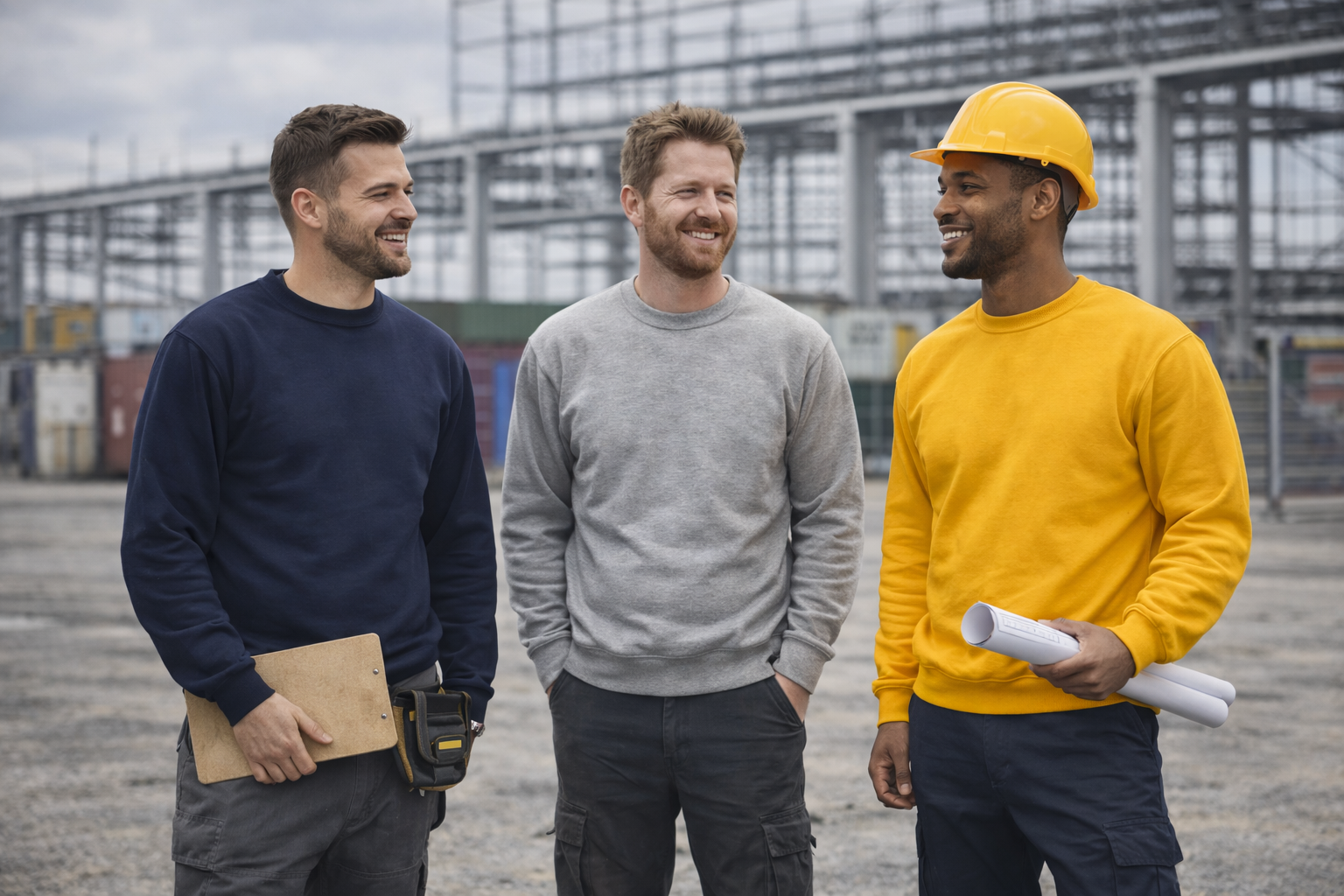 Three workers wearing plain workwear sweatshirts stand on an industrial site, dressed in navy, grey and yellow crewneck sweatshirts, representing durable sweatshirts for trade and industrial work environments.
