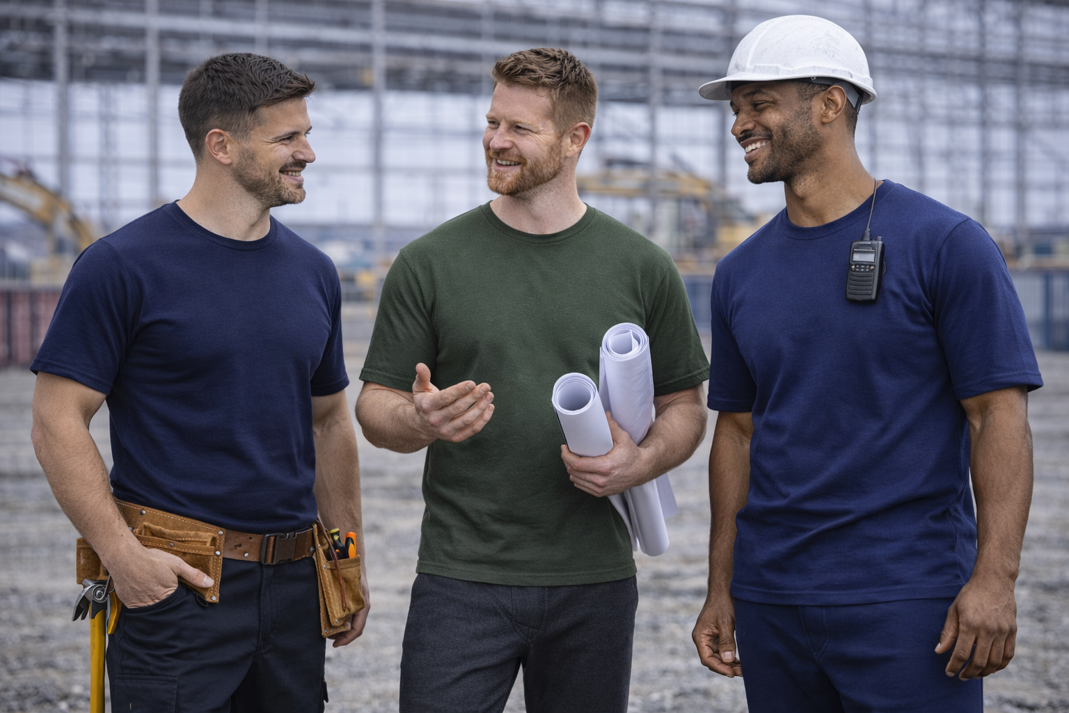 Construction workers wearing professional workwear T-shirts on site, showcasing durable trade and industrial work clothing.