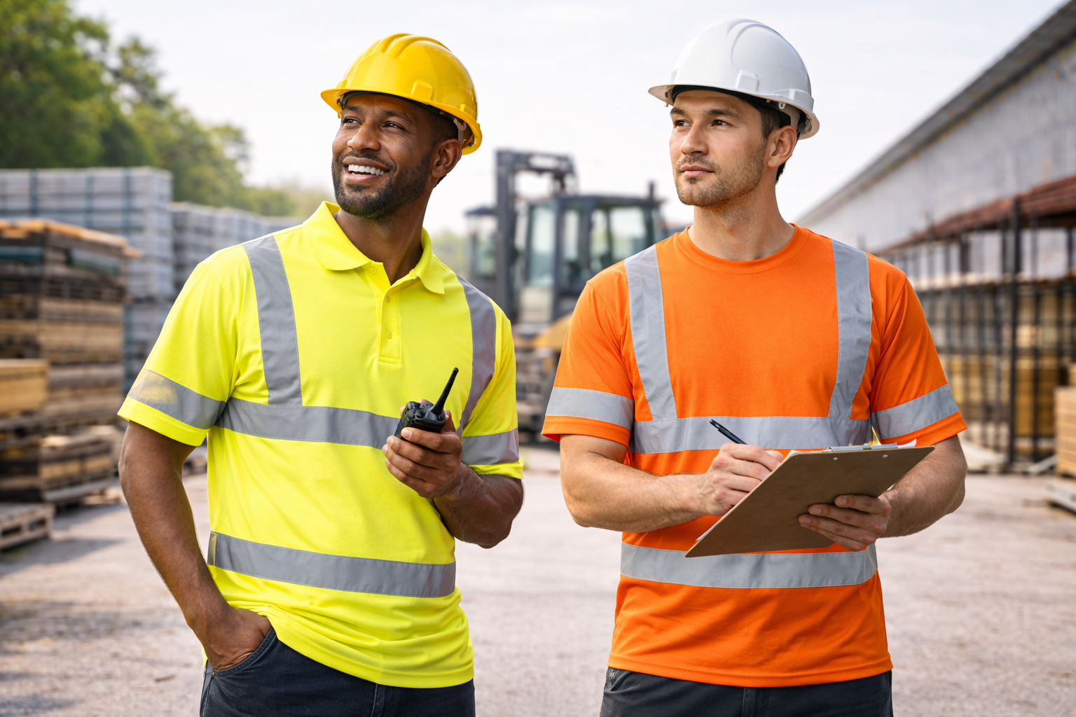 Hi vis polo shirts and t-shirts worn by workers on site, high visibility workwear for UK industries