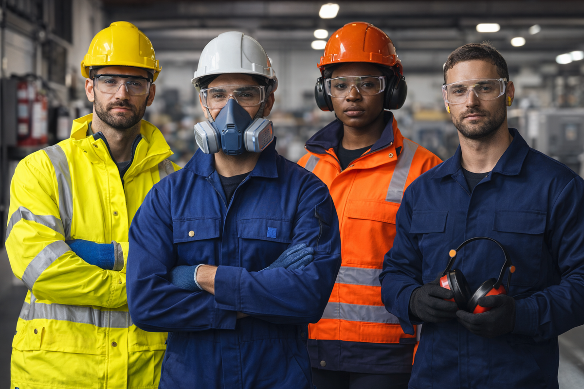 Four workers wearing full PPE including safety helmets, eye protection, hearing protection and respiratory masks, standing inside an industrial warehouse environment.