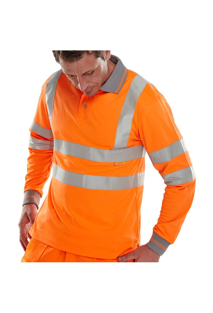 BPKSLSEN Beeswift Hi Visibility Long Sleeved Polo Shirt (Medium To 6XL) 2 COLOURS RIS 3279 Orange Only