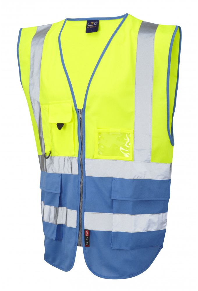 W11-Y/DS Lynton Executive Yellow Deep Sky  Two Tone Hi Vis Vests (XSmall To 6XL)