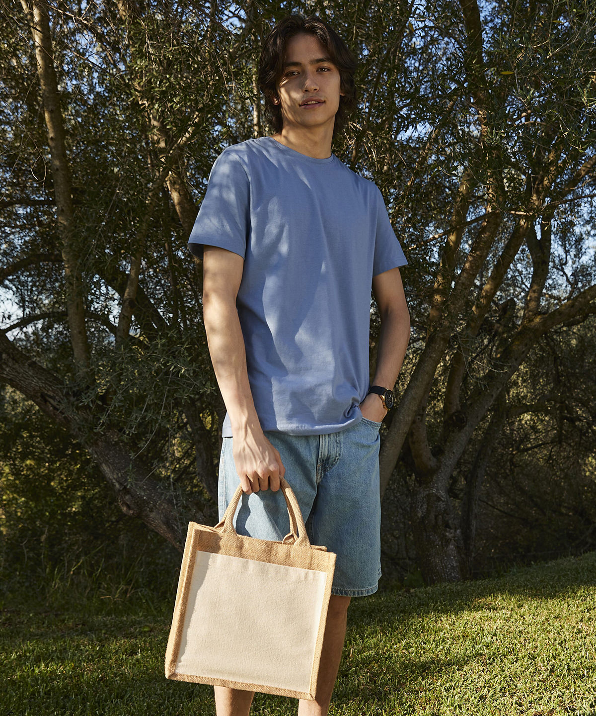 Cotton pocket jute midi tote